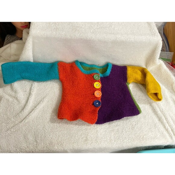 Wool Cardigan Handmade Color Block Girls 3-5 Year Vintage